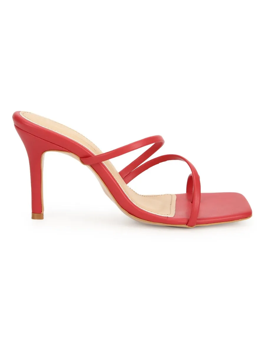 Red PU Strappy Stiletto Heel Mules