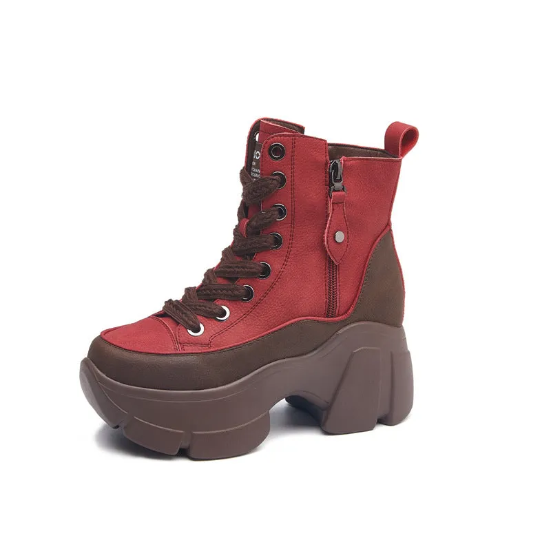 Retro High Sole Oversized Side Zipper Laceup Boots