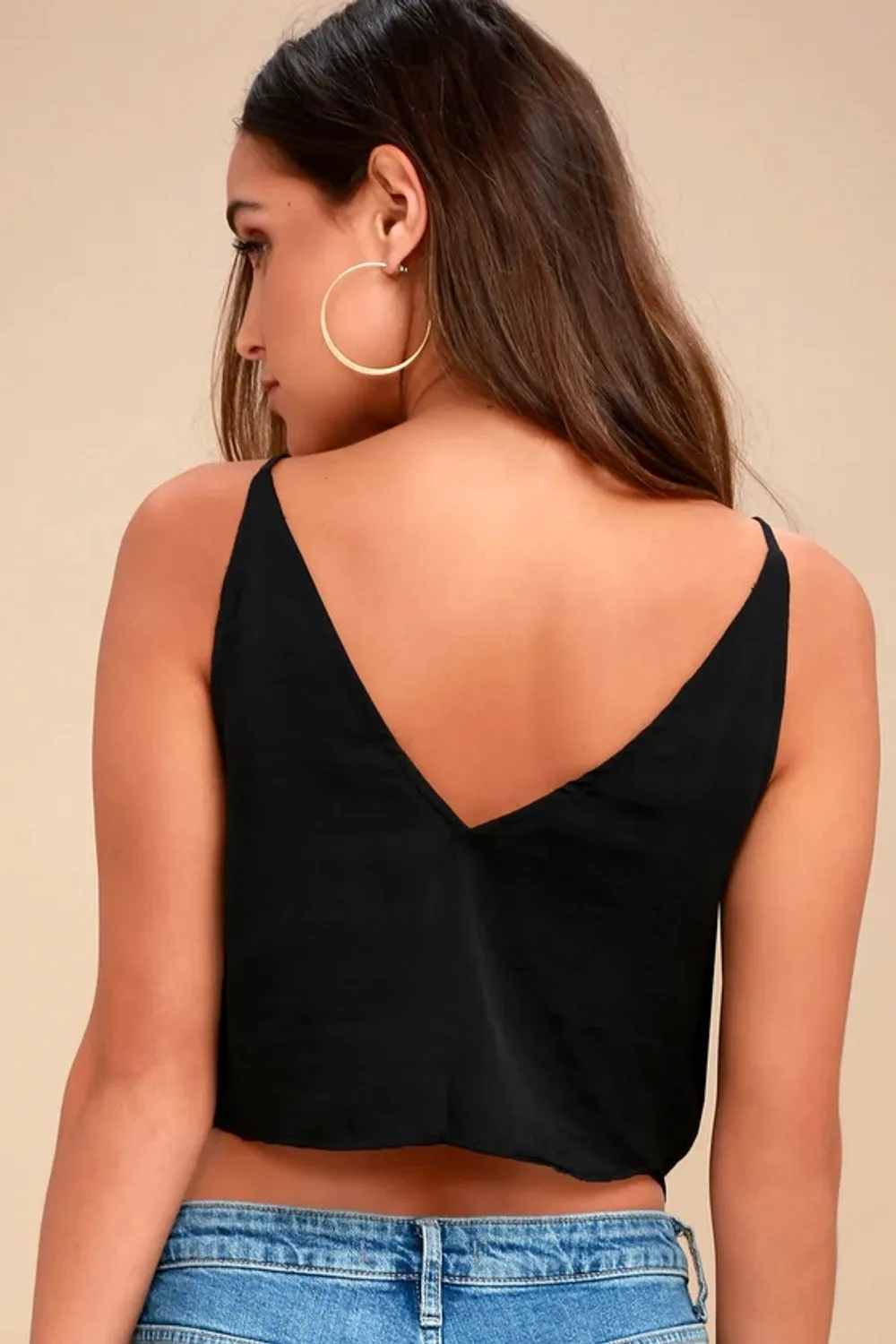 Silky Black Button Tie Up Top