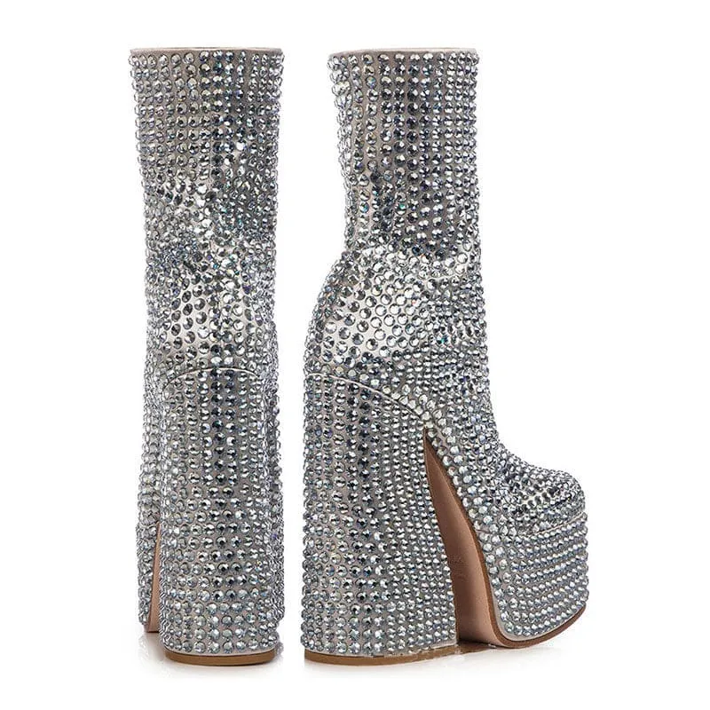 Silver Rhinestone Ankle Boots with Platform Heel Chunky Wedge