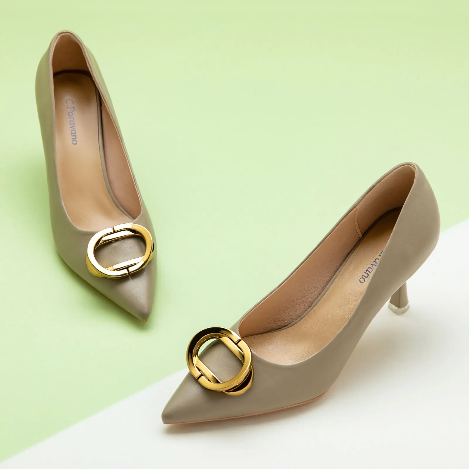 Stacked Metal Buckle Pumps (Olivia) Camel