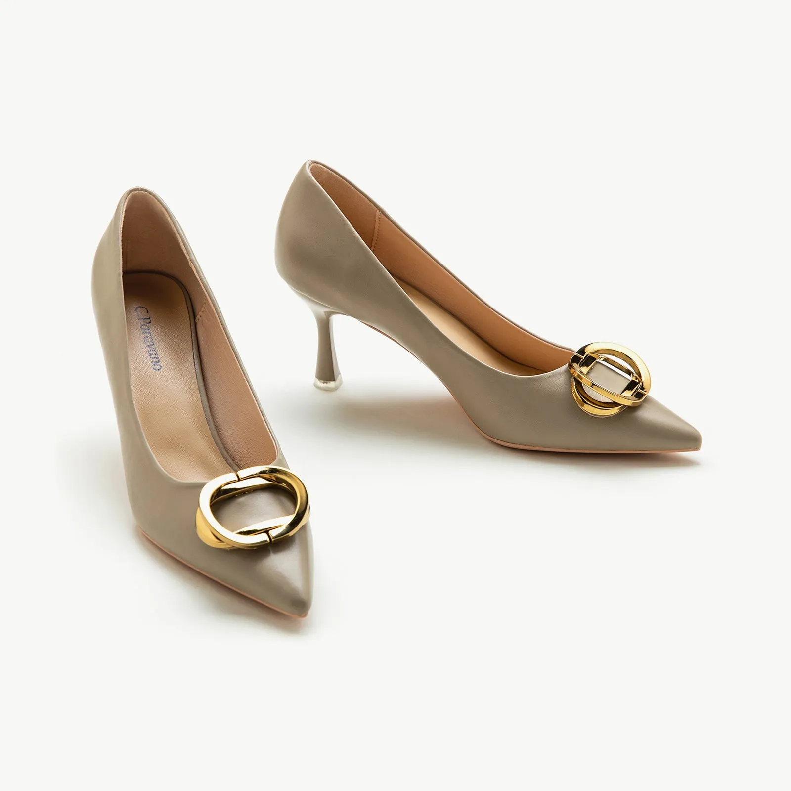 Stacked Metal Buckle Pumps (Olivia) Camel