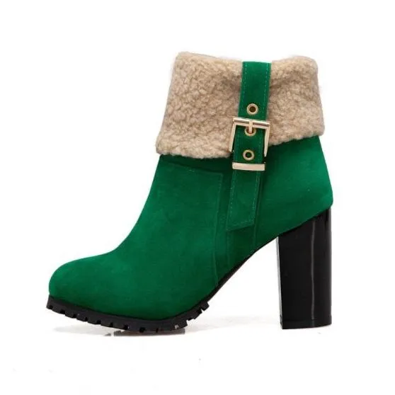 Stylish chunky heels fold-down casual snow boots with buckle strap plus size