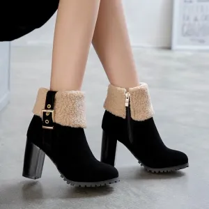 Stylish chunky heels fold-down casual snow boots with buckle strap plus size