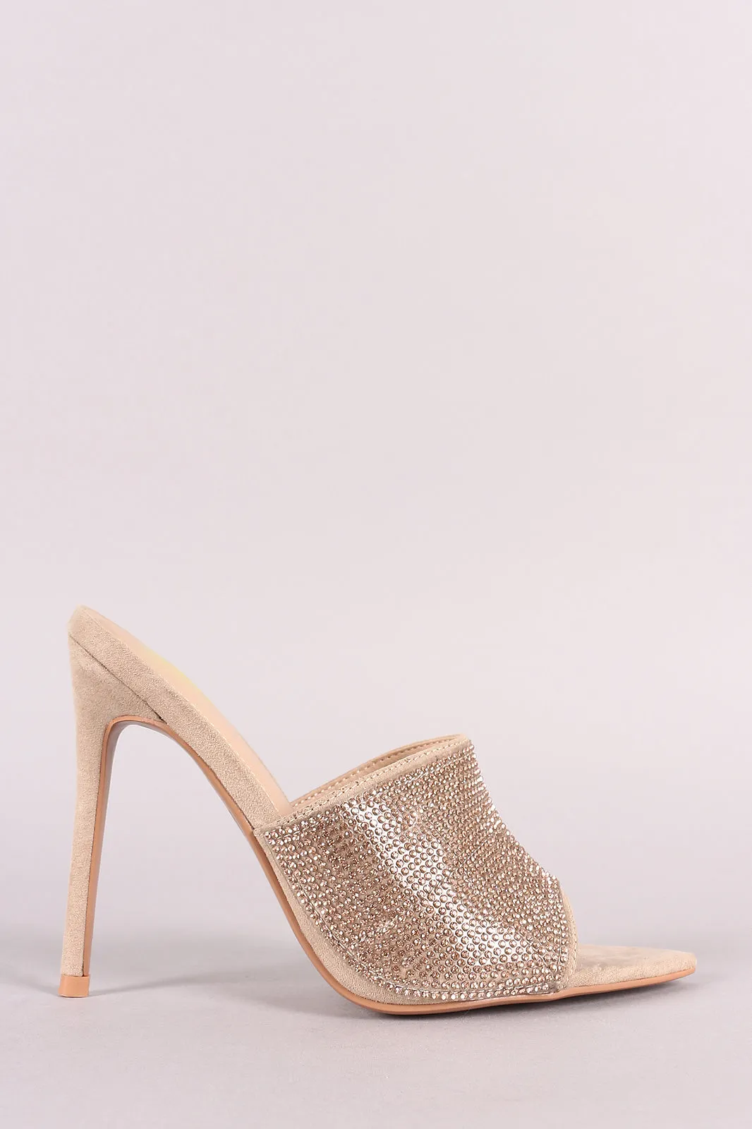 Suede Rhinestone Embellished Pointed Open Toe Mule Heel