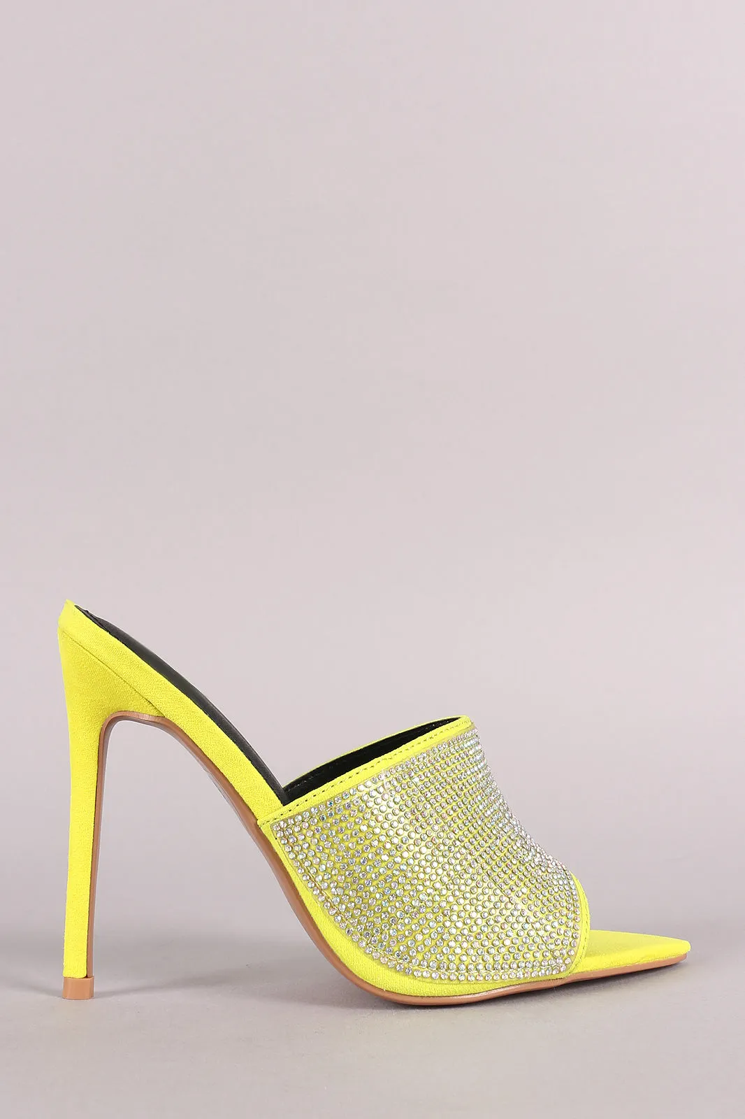 Suede Rhinestone Embellished Pointed Open Toe Mule Heel