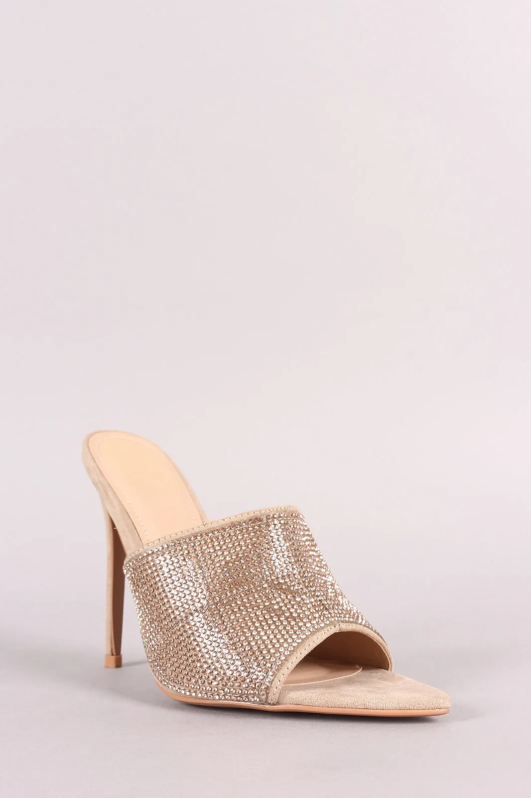 Suede Rhinestone Embellished Pointed Open Toe Mule Heel