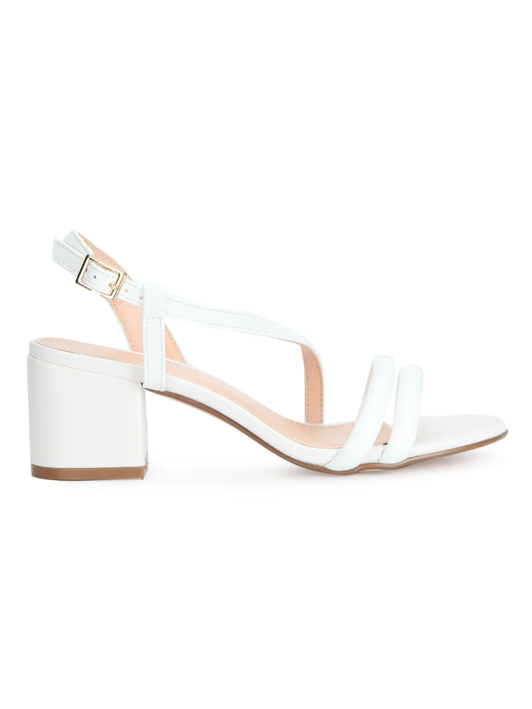 White PU Double Strap Low Block Heels