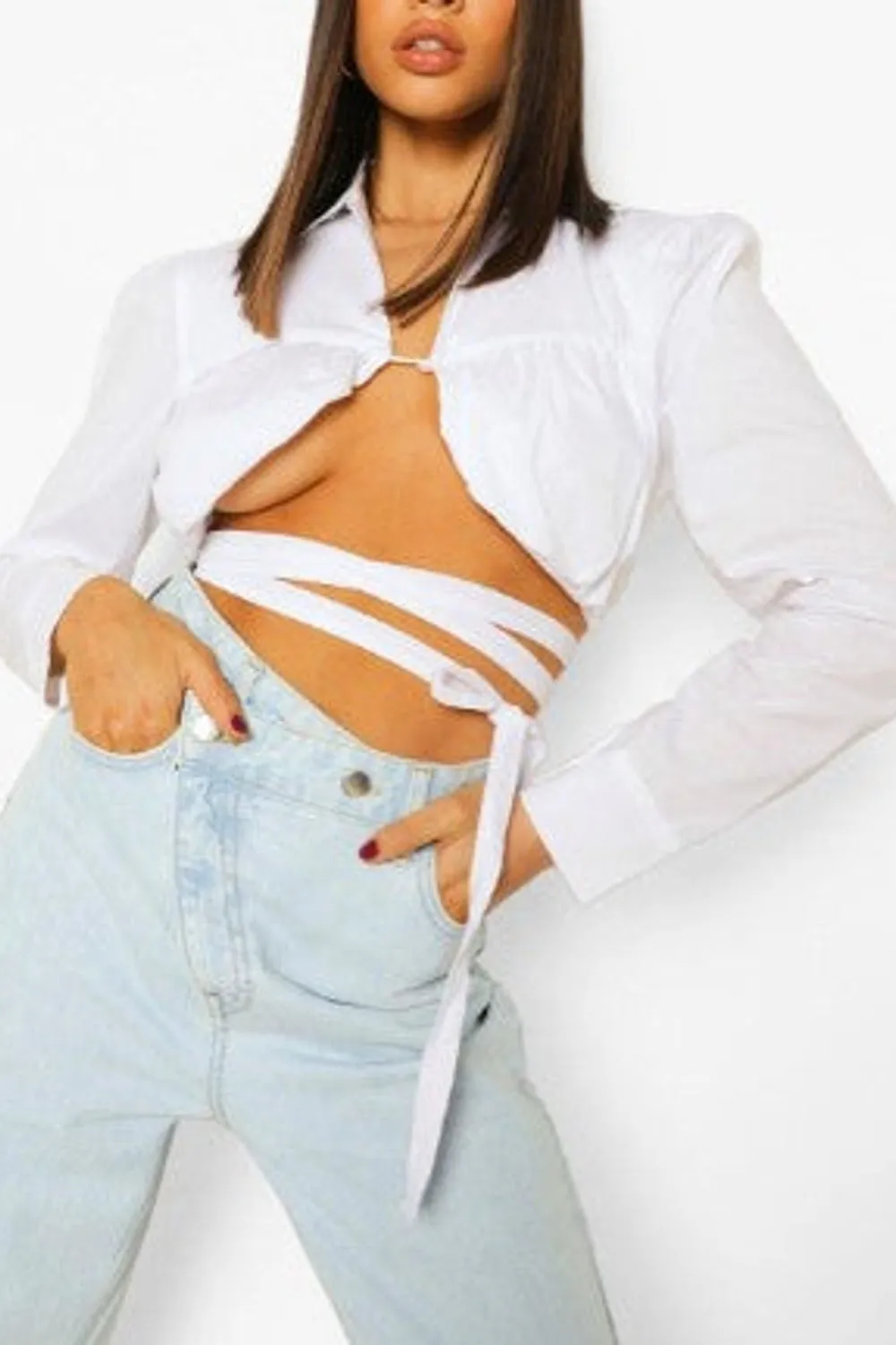 White Ruched Bust Tie Detail Shirt