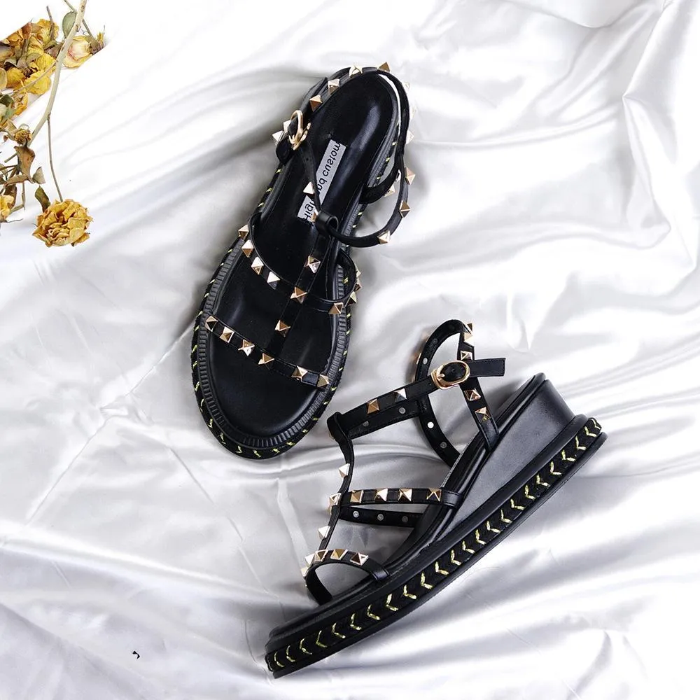 Women bohemian hollow studde strap thick sole wede sandals