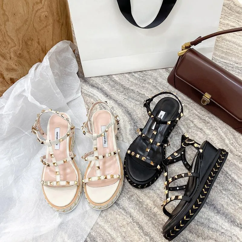 Women bohemian hollow studde strap thick sole wede sandals