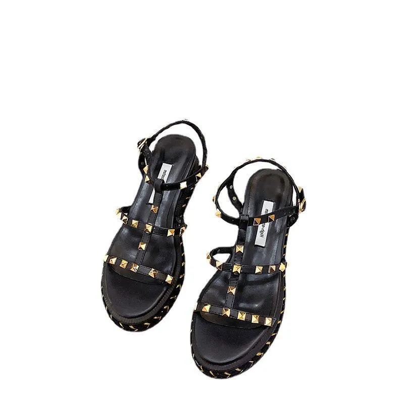 Women bohemian hollow studde strap thick sole wede sandals