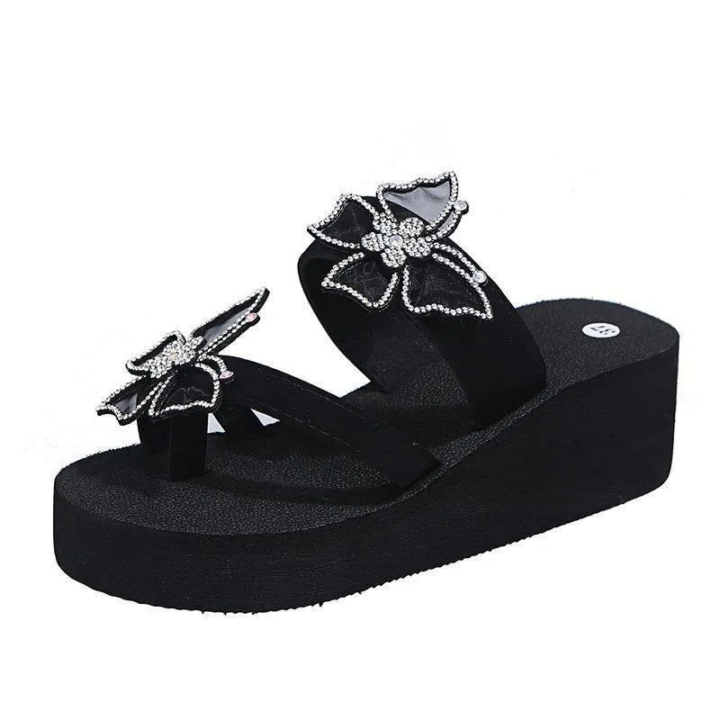 Women butterfly flower two strap slide platform sandals