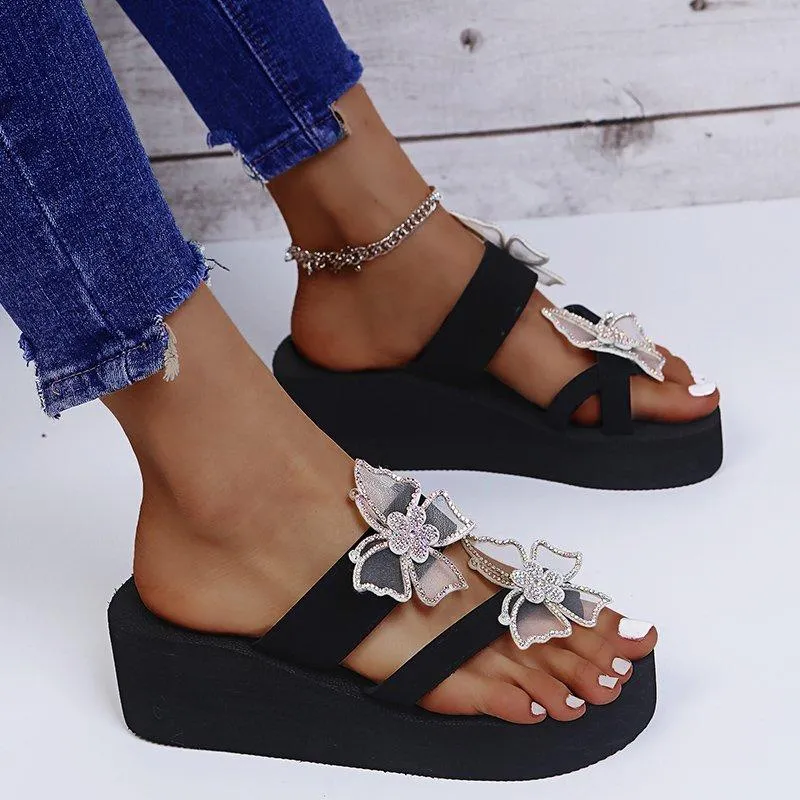 Women butterfly flower two strap slide platform sandals