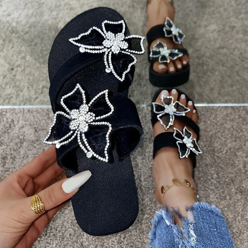 Women butterfly flower two strap slide platform sandals