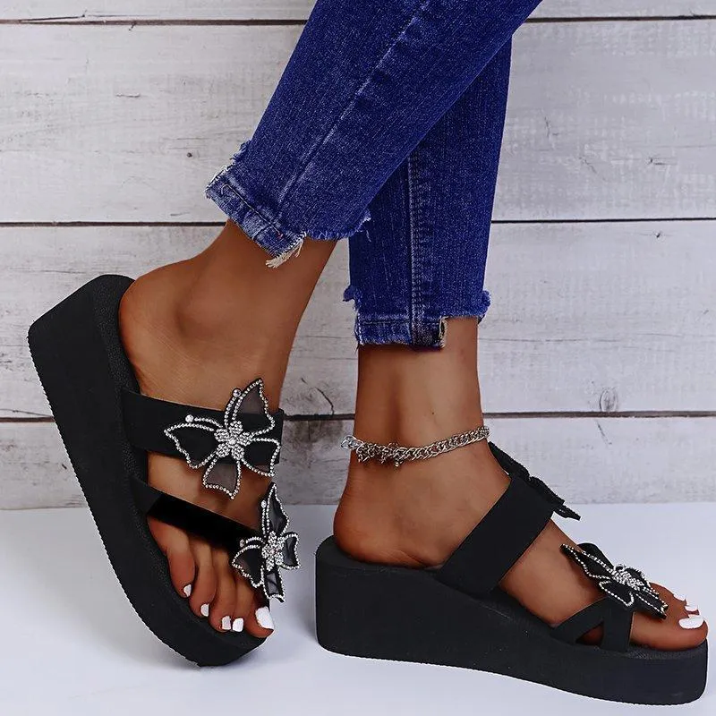 Women butterfly flower two strap slide platform sandals