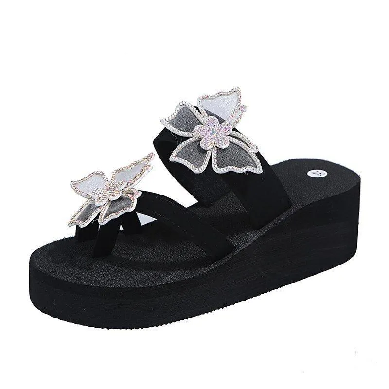 Women butterfly flower two strap slide platform sandals