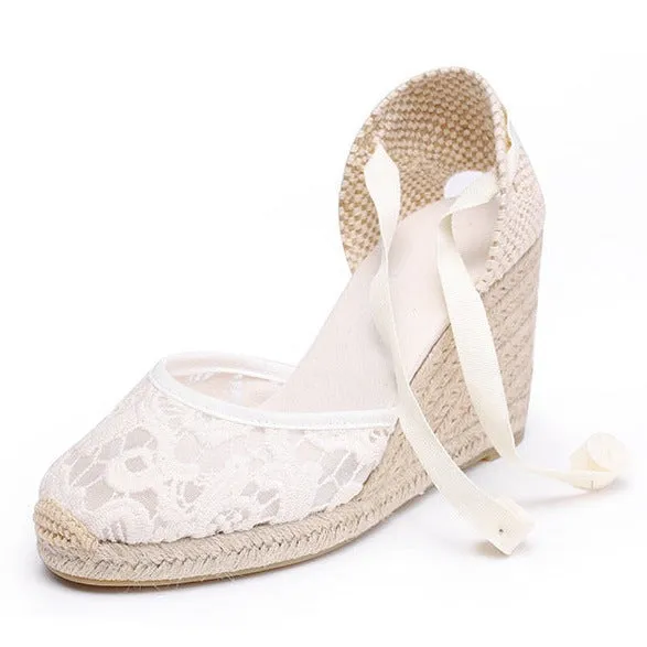 Women lace flower closed toe hollow wedge strappy sandals