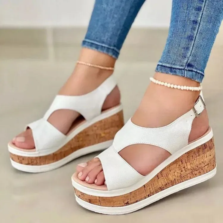 Women peep toe hollow buckle strap platform wedge sandals