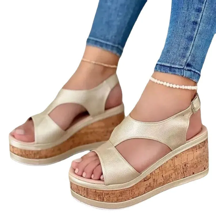 Women peep toe hollow buckle strap platform wedge sandals