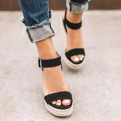 Women platform  espadrille wedge sandals peep toe buckle ankle strap sandals