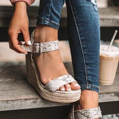 Women platform  espadrille wedge sandals peep toe buckle ankle strap sandals