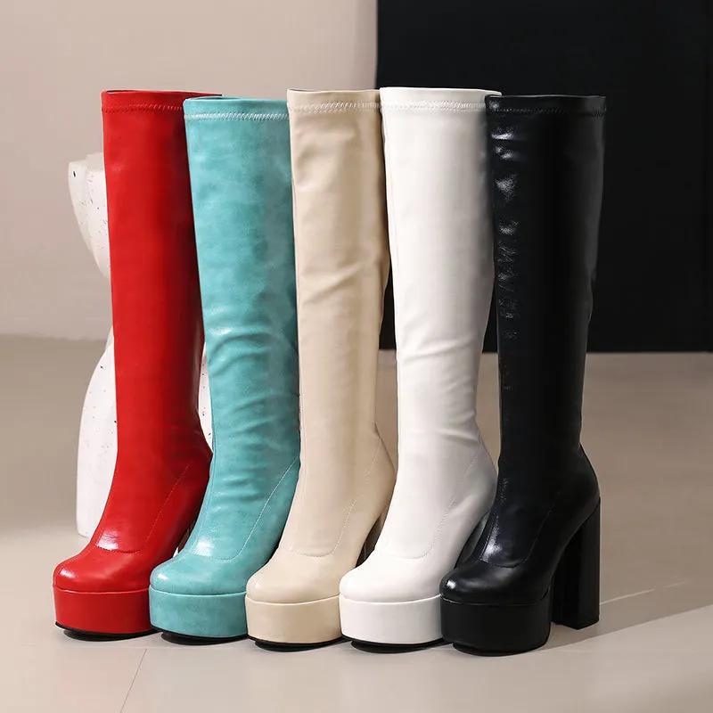 Womens Chunky Platform Boots Knee High Block Heels Tall Shoes